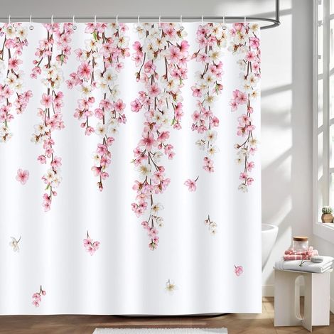 Duschvorhang aus Polyester, 180 × 180 cm, Kirschblütenmuster in Sakura-Rosa, schimmelresistent, wasserdicht, waschbar, mit 12 Haken (1/5)
