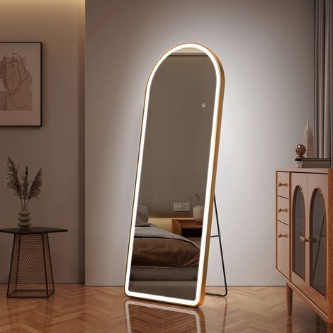 EMKE LED Ganzkörperspiegel mit Bogen-Design 160x60 cm Bogenspiegel Dimmbar 3 Lichtfarben Standspiegel Wandspiegel Gold