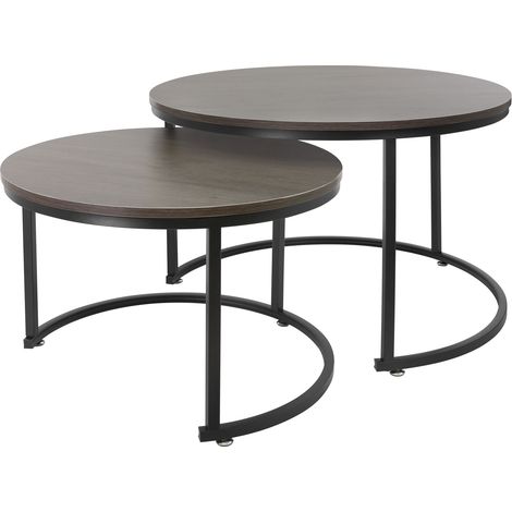 ML-Design Set di 2 Tavolini da Caffè Salotto Soggiorno Divano Sovrapponibili Rotondi Ø 59x40 cm / Ø 74x48 cm Tavoli d'Appoggio Impilabili in MDF Rovere Scuro Struttura Telaio in Metallo Nero Moderni