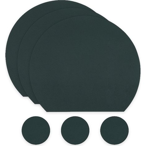3 sets de table semi-circulaires et 3 dessous de verre ronds, en cuir recyclé, 38x33 cm et Ø10 cm, vert foncé (1/5)