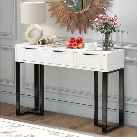 Table console 31,85x25 cm blanche et noire en MDF avec tiroirs, structure dorée et pieds réglables (1/5)