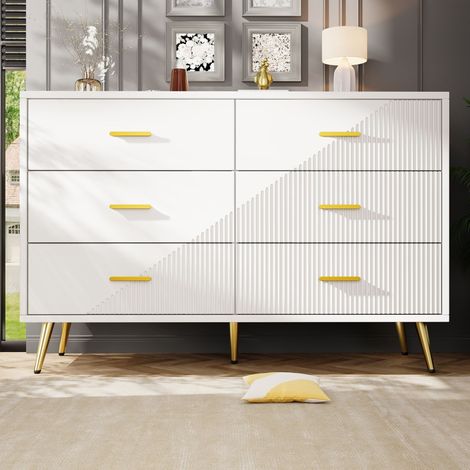 Cassettone da camera, con 6 cassetti, maniglie dorate, finitura strutturata, stile moderno, ideale per camere, soggiorni e sale da pranzo, Bianco (1/5)