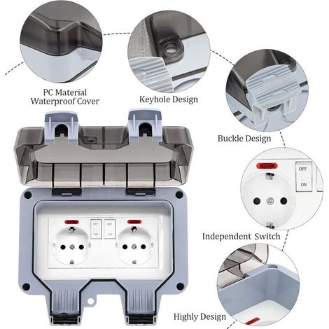 Presa elettrica da esterno impermeabile IP66, doppia presa di corrente e otturatore protettivo, multipresa da parete per giardino, antipolvere e antivento, con interruttore, spia luminosa