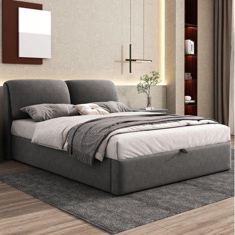 Bett 140x200 cm in Grau aus Samt mit verstellbarem Kopfteil, 3 Schubladen und hydraulischem Bettkasten (1/5)