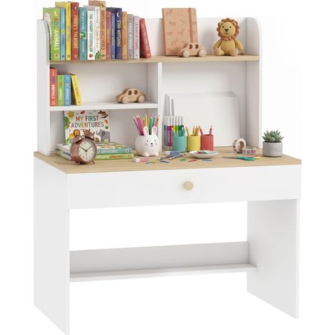 AIYAPLAY escritorio infantil, mesa de escritorio de niños con estante, 3 compartimentos abiertos y cajón, para estudio, 3-8 años, 80x50x100 cm, blanco (1/5)