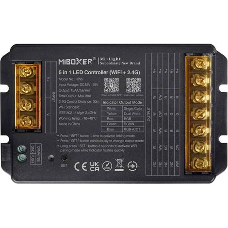 Controlador WiFi + 2.4G RF, DC12-48V, 30A, 5 en 1 (MONO, CCT, RGB, RGBW, RGB+CCT) (1/4)