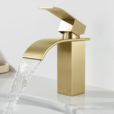 CECIPA MAX Rubinetto per lavabo a cascata in acciaio inox, miscelatore monocomando per bagno con valvola in ceramica – Alta qualità in oro spazzolato S, quadrato (1/5)
