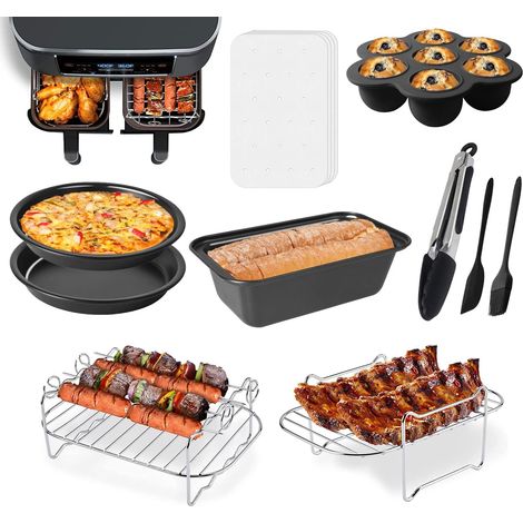 Ensemble de 10 accessoires compatibles avec les friteuses à air Ninja Dual Airfryer DZ201 et DZ401 (8 à 10 litres) : comprend un moule à gâteau, un moule à pizza, une grille, des brochettes et des feu (1/5)