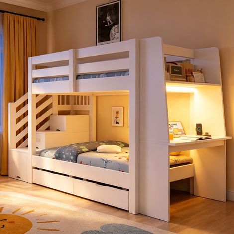 Lit superposé enfant 90x200 cm avec bureau, escalier rangement, LED et prise, lit mezzanine moderne en bois,Blanc (1/5)