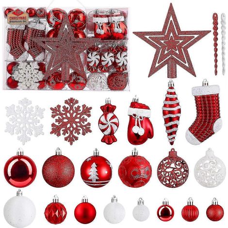 Ensemble de 130 boules de Noël de qualité supérieure en plastique rouge et blanc avec étoile pour le sommet du sapin - Décoration de sapin de Noël robuste et sûre avec système d'accrochage (1/3)