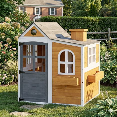 Cabane enfant extérieur en bois, maison enfant extérieure/intérieure avec porte, fenêtres, 3 bacs à fleurs, jaune (1/5)