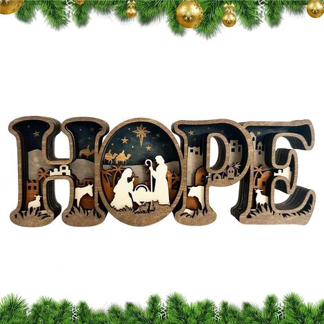 Lampe De Crèche De Noël Lampe 3D en Bois avec Lettres ESPOIR Crèche De Noël D'Intérieur Pour Vacances Anniversaire Fête Bureaux Maison Chambre Bureau Chambre À Coucher Cheminée (1/5)