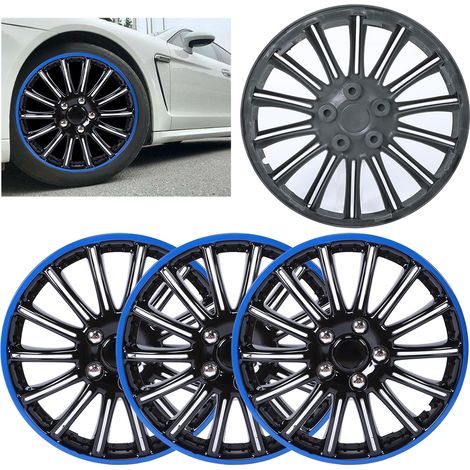 Lot de 4 enjoliveurs de roue 15 pouces à clipser, noir et bleu, compatibles avec pneus R15 et jantes en acier. (1/5)