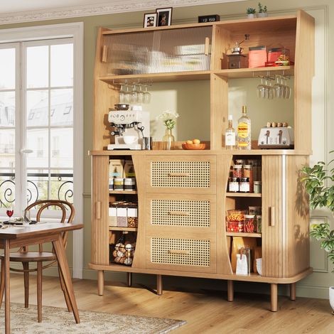 REDOM - Buffet de cuisine - 140x40.5x174.5 cm - portes coulissantes en verre - 3 tiroirs - étagères ouvertes - MDF - couleur bois