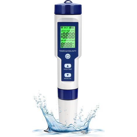 Testeur PH Electronique, Testeur Eau Piscine 5 en 1 avec Rétro-éclairage, PH/TDS/EC/Salinité/TempmèTre avec ATC, PH Metre Haute Précision de Résolution 0.01, pour Eau Potable, Aquarium, Spas (1/5)