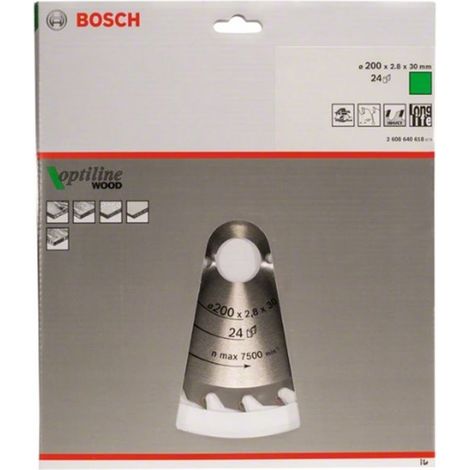 BOSCH DISCO SIERRA OPTILINE MADERA130 X 2.4 X 20/16D: 20WZ Diámetro disco x eje (mm) 200x30 Número de dientes 24