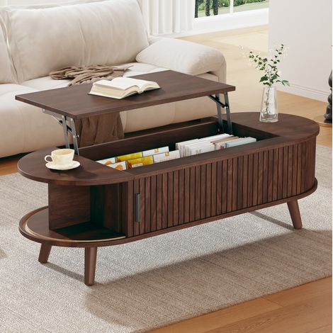 Tavolino da caffè 120x50x39,5 cm, sollevabile fino a 53,5 cm, con vano nascosto, MDF, noce (1/5)