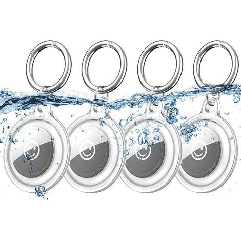 Étui Airtag 4 pièces blanc avec porte-clés, compatible Apple AirTag, coque silicone TPU étanche, légère, protection intégrale, idéale pour collier chien, porte-clés robuste, housse résistante à l’eau, (1/5)