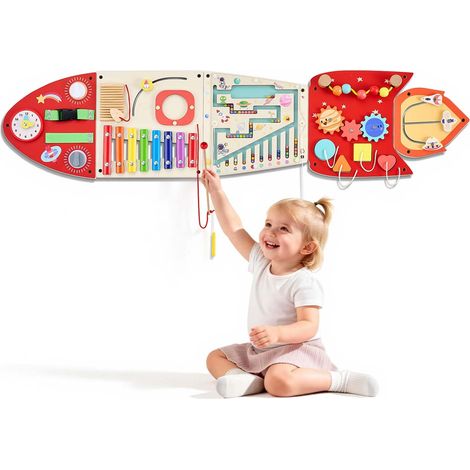 Panneau Mural Sensoriel pour Enfants, Forme Fusée, Tableau d'Activités Montessori 13 en 1, Jouet Éducatif en Bois avec Accessoires de Fixation, pour Crèche, Classe, Salle de Jeux et Maison (1/5)