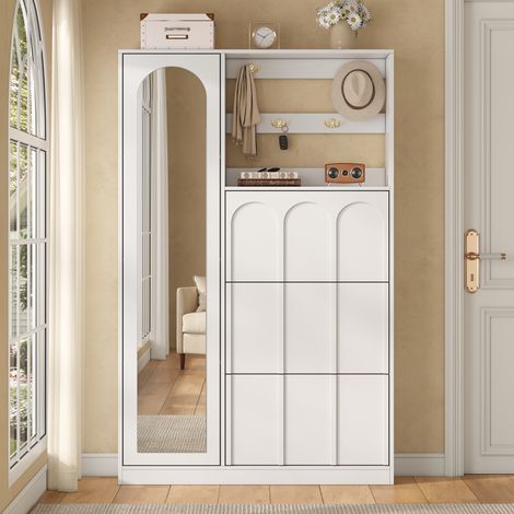 Tkopy - Meuble entree, vestiaire d'entrée, avec miroir, crochets galvanisés, sans poignées, meuble chaussure entree, Avec abattant, espace de rangement, structure en MDF, 100x24x164 cm, Blanc (1/5)