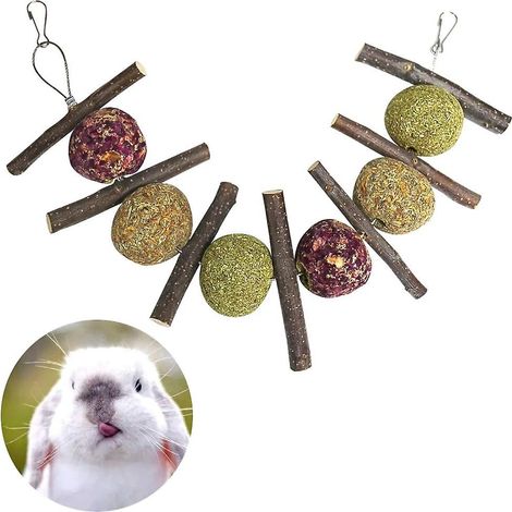 Jouets à mâcher naturels en forme de balle et de bâtonnet, à base d'herbe et de rose, pour lapins, hamsters, perroquets, chinchillas, cochons d'Inde et gerbilles. (1/3)