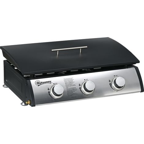 Outsunny Gasgrill mit 3 Brenner 7,5 kW Grillfläche 61 × 35,5 cm tragbarer Tischgrill mit Deckel Tischgasgrill aus Edelstahl BBQ Campinggrill für Garten Balkon Camping Schwarz