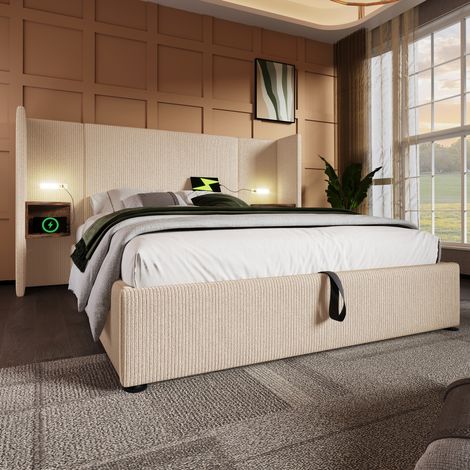 Lit coffre 160x200 cm en métal et bois avec sommier, tête de lit avec étagère, lampe tactile et USB/Type-C, beige (1/5)