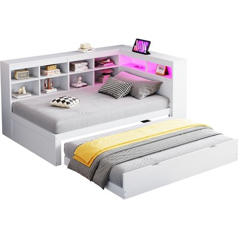 Canapé lit 90 x 200 cm convertible avec lit gigogne, LED multicolore, prise USB, rangements et étagères, bois blanc, style moderne - CHICFURN (1/5)
