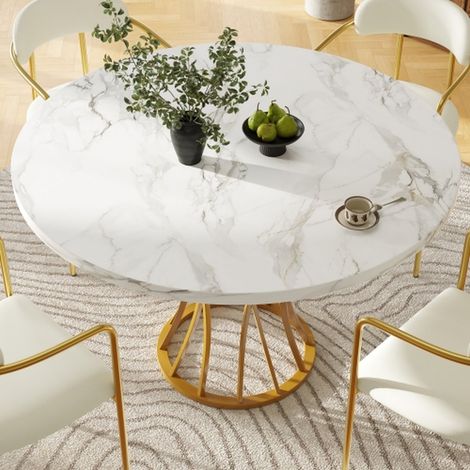 Table à manger ronde 80x80x76 cm en mdf effet marbre avec pieds dorés, design élégant pour salon ou salle à manger, 4 à 6 personnes (1/5)
