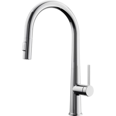 Robinet de cuisine haute pression à arc haut avec douchette extensible - Deux types de jet - Pivotant à 360° - Chromé