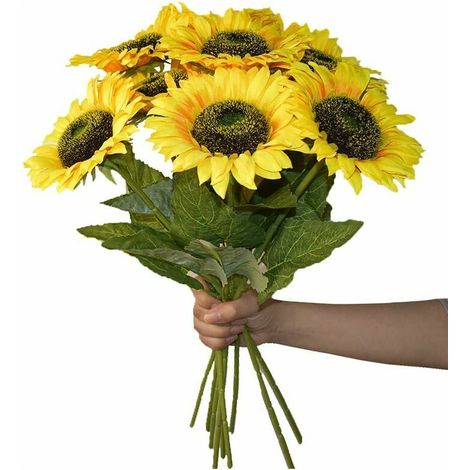6PCS Tournesols artificiels - Faux tournesols en soie en vrac avec longues tiges pour la décoration de la maison du jardin et de la fête (Jaune) (1/4)