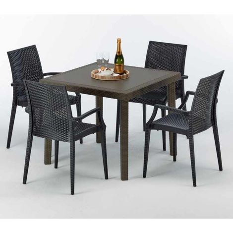 Poly Rattan Tisch Quadratisch mit 4 Bunten Stühlen 90x90 Braun Brown Passion