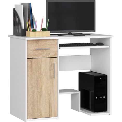 Scrivania per computer AKORD JAY Bianco 90 cm 1 anta 1 cassetto inserto frontale Sonoma Quercia 90x50x74 cm (1/4)