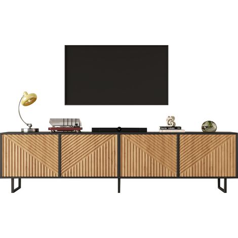 Meuble TV 180 x 40 x 50 cm pour salon avec 4 portes, lowboard design moulé sous vide, adapté aux téléviseurs jusqu’à 80 pouces, couleur bois naturel et noir