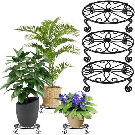 Support de Porte plantes métal pour intérieur/extérieur, Support de plantes à angle bas,  Porte plantes pour la décoration de la maison,  Etagère d'exposition de pots de fleurs, Noir (3 packs) (1/5)