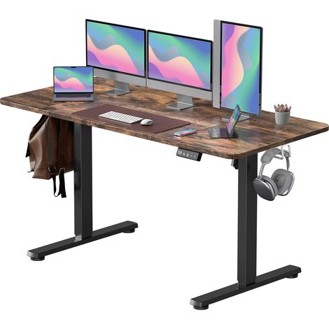 Bureau électrique réglable en hauteur 160x60cm avec commande mémoire et technologie anti-collision, roulettes, plateau de bureau, cadre noir/plateau brun (1/5)