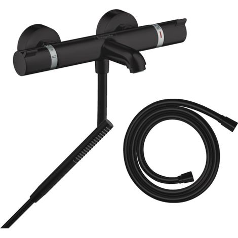 Pack mezclador termostático para baño-ducha HANSGROHE Ecostat Comfort + flexo Isiflex + rociador Pulsify S negro mate