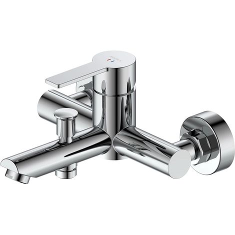 Robinet de salle de bain mural - acier inoxydable - mitigeur monocommande - chromé - bouton-poussoir (1/2)