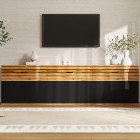 Meuble TV 168x38x59 cm pour TV 65 pouces, 2 portes abattantes, 3 tiroirs, motif ondulé, bois et noir, MDF et aggloméré (1/5)