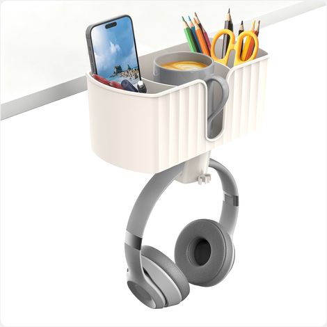 Support Casque 4 en 1 Table Porte-gobelet Blanc Support Sous Bureau Rotatif 360° Porte-gobelet Amovible pour Casque Tasse Téléphone Stylo (1/5)