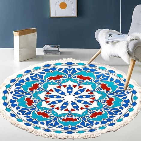 Vintage Boho Baumwolle Teppiche Mandala Muster Waschbar Handgewebte Böhmische Runder Teppich mit Quasten für Schlafzimmer Flur Wohnzimmer Couchtisch Fußmatten,Waschmaschinenfest,90CM Blumen