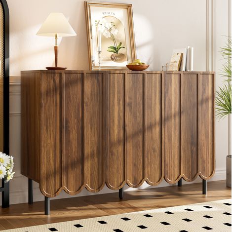 Aparador de MDF color nogal 120x35x80 cm con puertas onduladas, baldas regulables y apertura push (1/5)