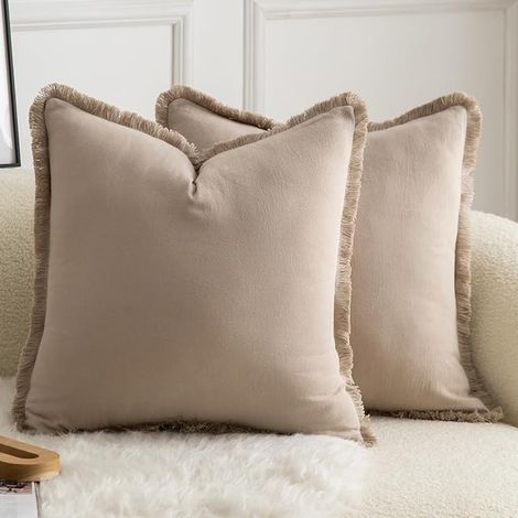 Set of 2 Plain Cotton Fringed Throw Pillow Covers Cushion Cover for Sofa Bedroom Living Room Taupe 45 x 45 cm (1/4)