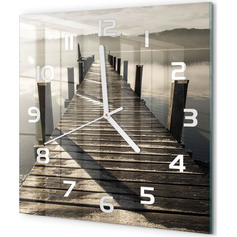 Horloge Murale Carrée Originale Verre Trempé Décoration Maison Moderne Pont en bois 30x30 cm (1/5)