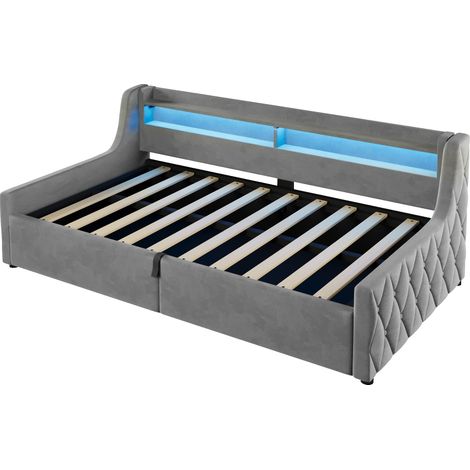 Letto a piattaforma 90x200 cm in velluto grigio con contenitore idraulico e illuminazione LED (1/5)