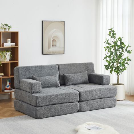 Canapé convertible 2 en 1 modulable en chenille, canapé-lit pliable 2 places, fauteuil convertible salon chambre bureau, Chenille - Gris (1/5)
