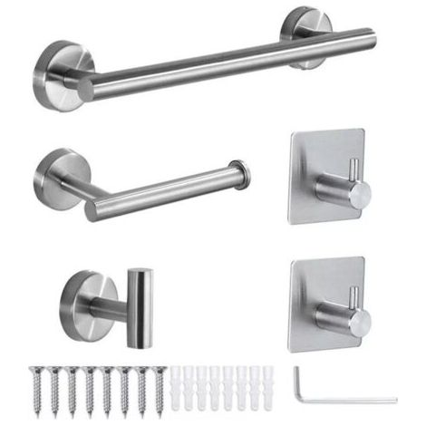5 Pieces Bathroom Hardware Accessories Set Towel Rack Paper Holder Hook Adhesive Hook Multifunction Bathroom Set Silver (1/4)