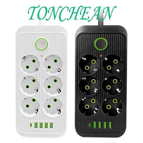 Multiprise à 6 prises, 2500 W, avec 4 ports USB et 1 port USB-C, protection contre les surtensions, interrupteur marche/arrêt, câble de 2 mètres, blanche. (1/3)