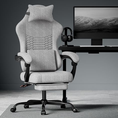 Sedia da ufficio gaming in tessuto, poggiatesta, poggiapiedi, grigio chiaro DESVIAE (1/5)