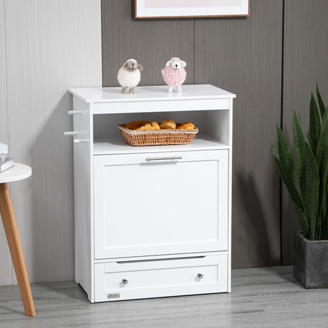 Station repas chien 2 gamelles inox, 3 crochets, niche rangement, compartiment ouvert & porte basculante, armoire nourriture animaux blanc 61x35.5x82 cm